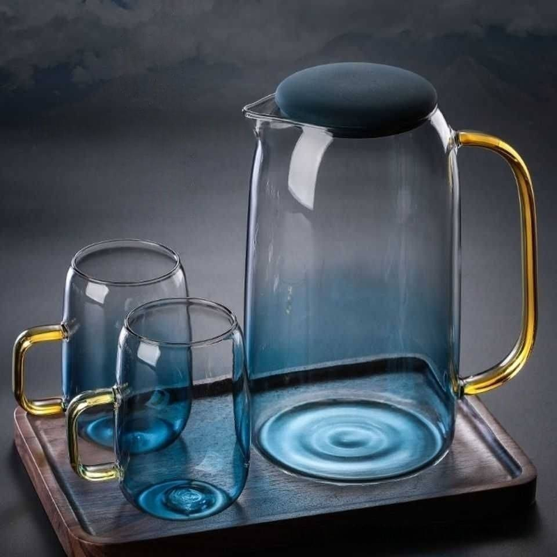 Marble Glass Water Pitcher - 1.8L Thickened & Heat-Resistant Jug With Gradient Blue Design (Trendy Kitchenware Perfect For Iced Tea Lemonade)_voghion.com