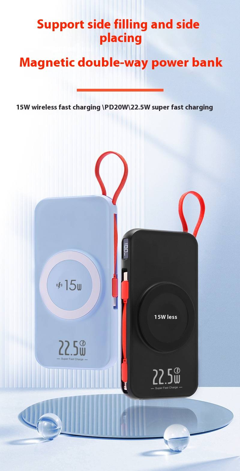 Power Bank da 10000 mAh con display digitale e cavo integrato, ricarica super rapida da 22,5 W e wireless da 15 W, certificato 3C e ultraportatile._voghion.com