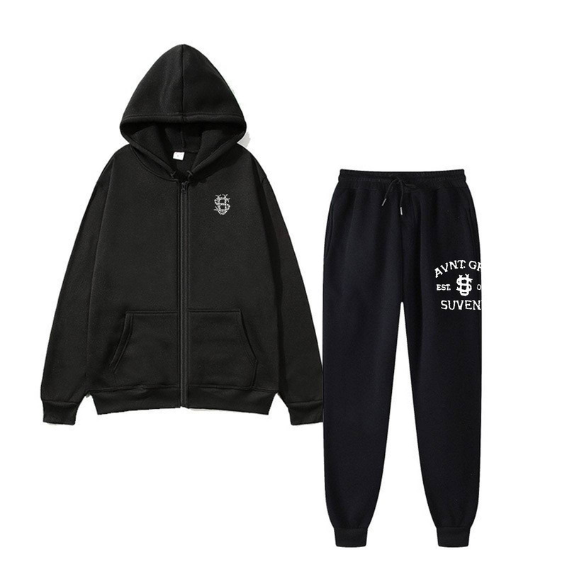 Conjunto de sudadera y pantalón de polar con cremallera para hombre: traje informal con estampado para primavera y otoño._voghion.com