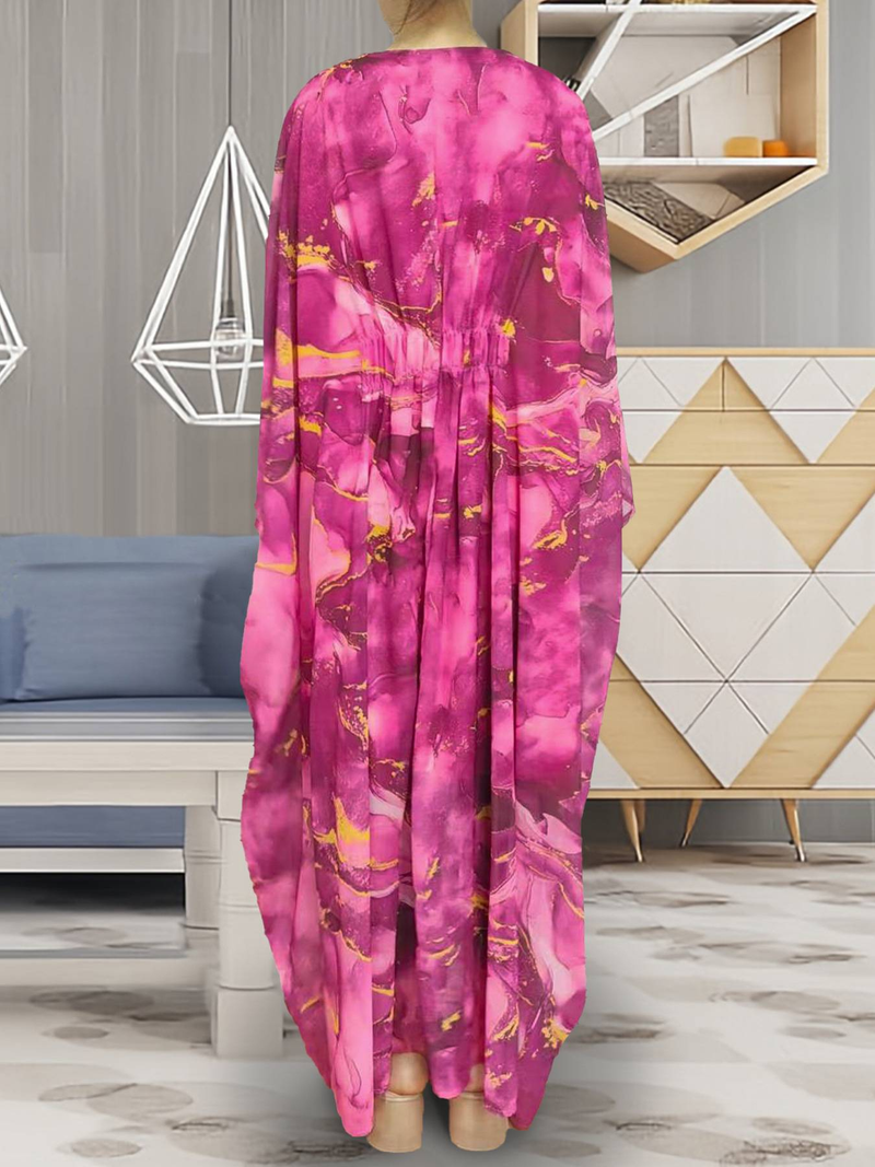 Elegante abito lungo musulmano con scollo a V e stampa floreale per donna - Abito lungo ampio e modesto con maniche a pipistrello (rosso rosa)_voghion.com