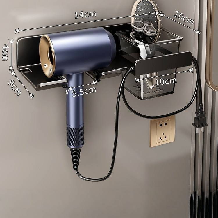 No Drill Hair Dryer Holder Wall Mount, Bathroom Organizer With Cord Wrap & Storage Shelf, Modern Aluminum Shower Caddy For Comb & Styling Tools_voghion.com