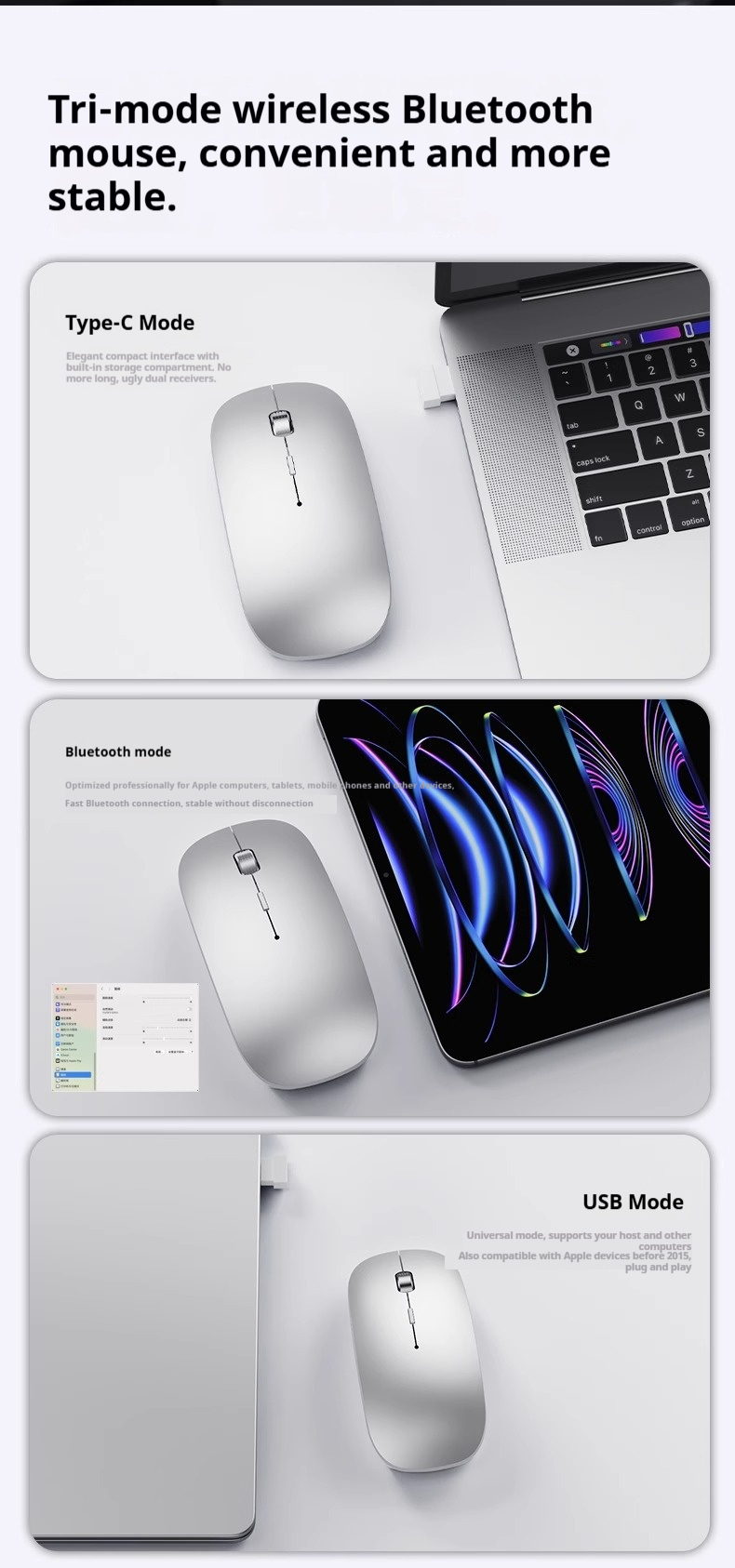 Ratón silencioso con Bluetooth e inalámbrico 2.4G para libros: recargable, con desplazamiento en 4 direcciones y 1600 DPI, compatible con iPad y portátiles._voghion.com