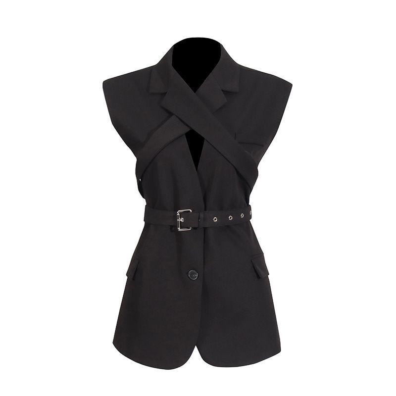 2025s Modetrend Stil Weste Top 2025 Neue personalisierte ärmellose Kreuz Krawatte einfarbig Anzug Jacke für Frauen_voghion.com