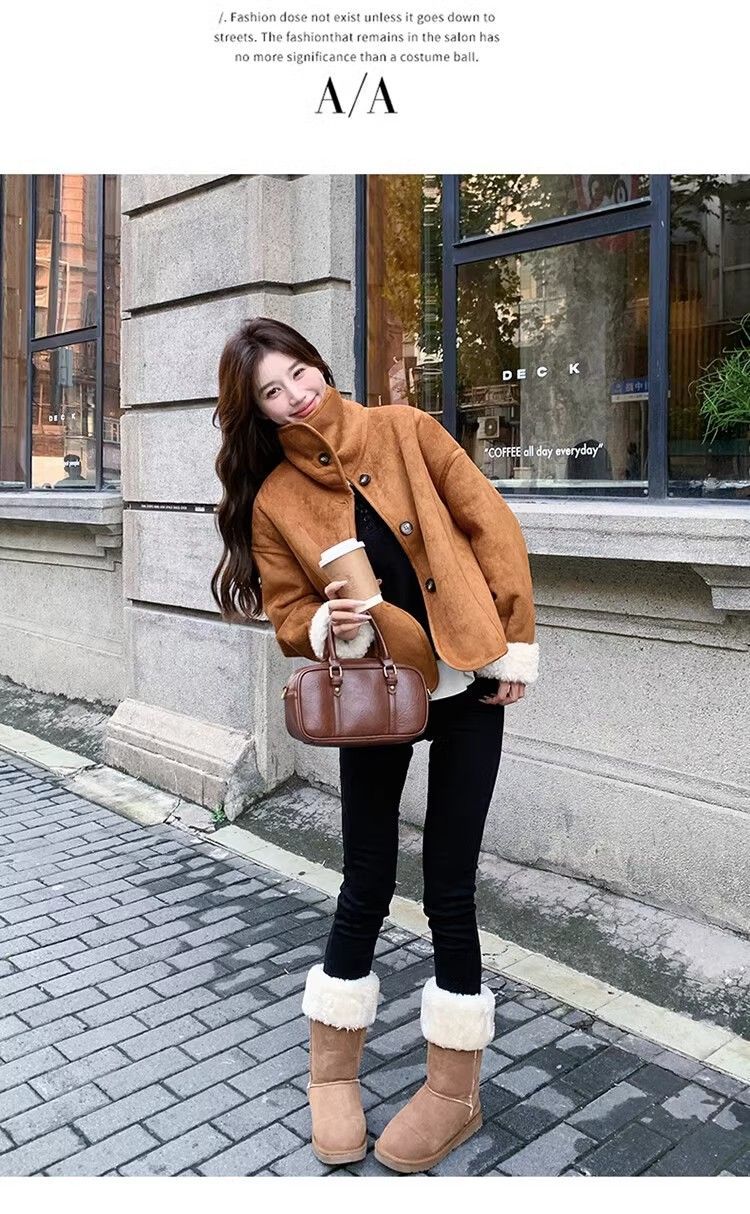 Cappotto in pelle di pecora scamosciata color cachi per donna, autunno e inverno 2024, nuova giacca in cotone foderata in pile_voghion.com