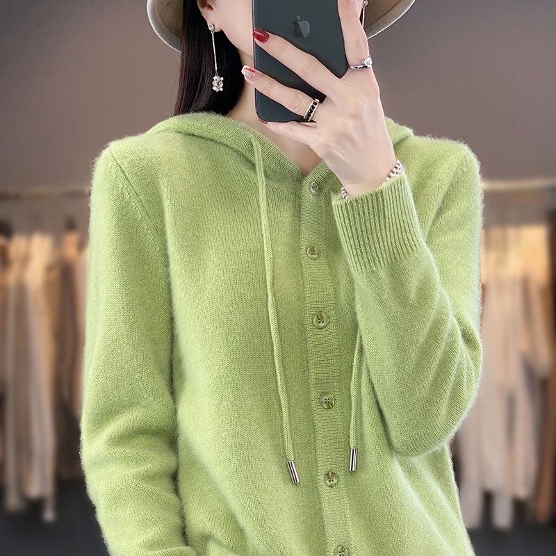 Cardigan lavorato a maglia con cappuccio, nuovo colore solido autunnale per donna, maglione corto e largo, felpa con cappuccio_voghion.com