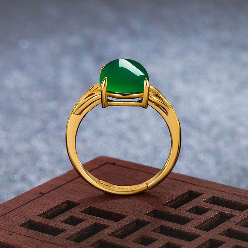 New Creative Green Agate Open Simple Diamond-Encrusted Ring Unisex Chalcedony Silver Jewelry_voghion.com