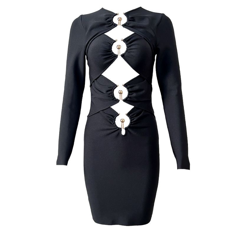 2025 Style Hollow Out Design Sense Crop Top Bandage Women Long Sleeve Evening Bodycon Dress_voghion.com