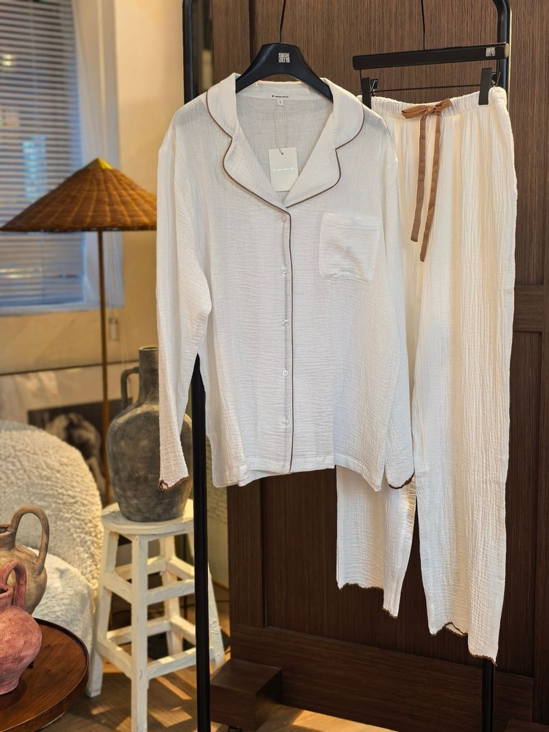 Women's Sleepwears New Style Organic Pure Cotton Double Layer Cotton Yarn Embroidery Lace Short Sleeved Pants Long Sleeved Pants Home Clothes Suit_voghion.com