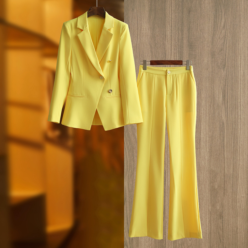 GraceChic New Macaron Color Yellow Blazer With Slit Flared Pants Two-Piece Set Elegant Office Commuting Outfit_voghion.com