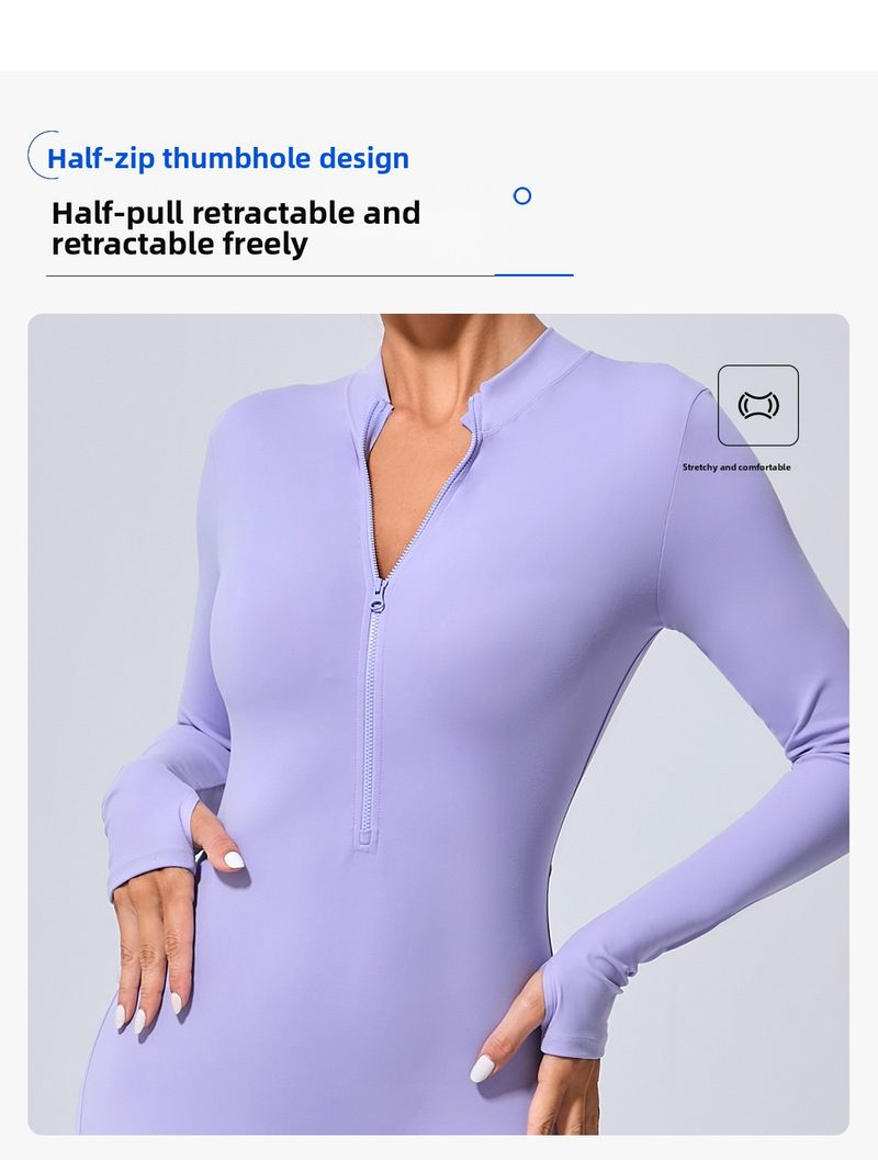 Abbigliamento sportivo attillato in stile europeo e americano senza protezioni per il petto con fori per le dita, abbigliamento fitness con mezza cerniera per yoga_voghion.com