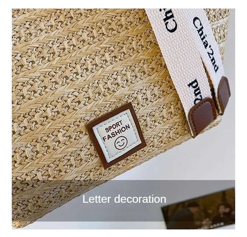 Bolso tote de paja de diseño playero, bolso de hombro de gran capacidad para mujer, ideal para el verano -_voghion.com