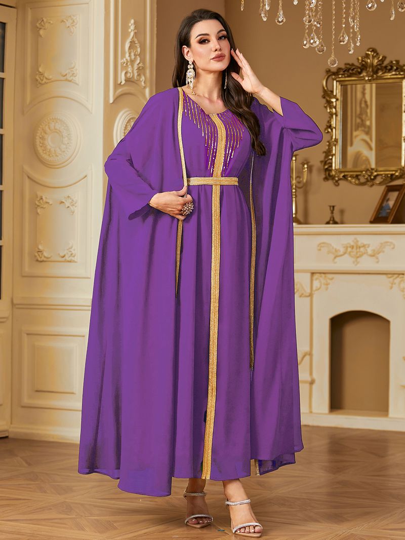 Vêtements pour femmes transfrontaliers du Moyen-Orient Robe arabe Mode paillettes broderie mousseline de soie deux pièces robe Europe et Amérique_voghion.com