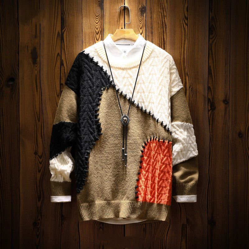 Suéter de punto holgado para hombre, marca de moda, con personalidad de patchwork, para otoño e invierno, 2025_voghion.com