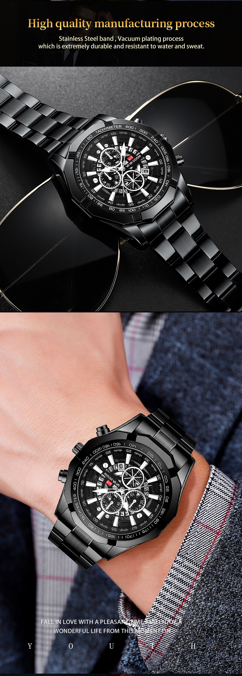 Relógio masculino com pulseira de aço, três olhos, seis pinos, calendário luminoso, esportivo, à prova d'água, relógio de quartzo_voghion.com