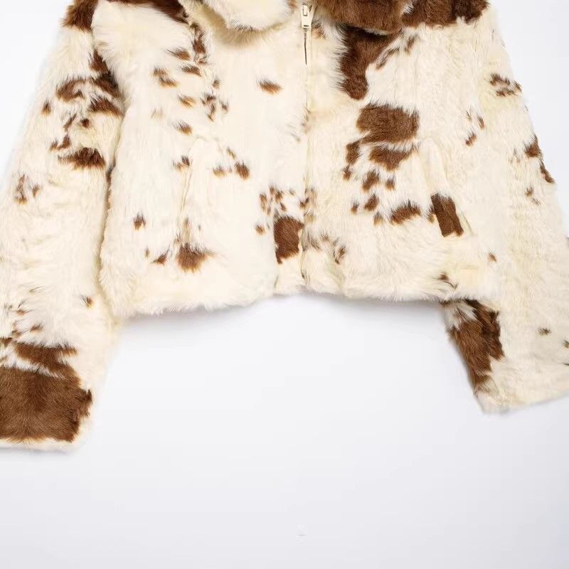 Abrigo de piel sintética para mujer, chaqueta corta de invierno, ropa de calle de moda, estampado de vaca, cuello de visón sintético, ropa de abrigo para mujer._voghion.com
