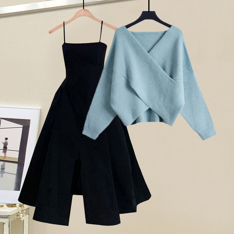 Ensemble élégant 2 pièces : pull en maille croisée et robe ajustée | Tenue d'automne pour femme | Polyvalent et stylé | Disponible en plusieurs couleurs et tailles_voghion.com