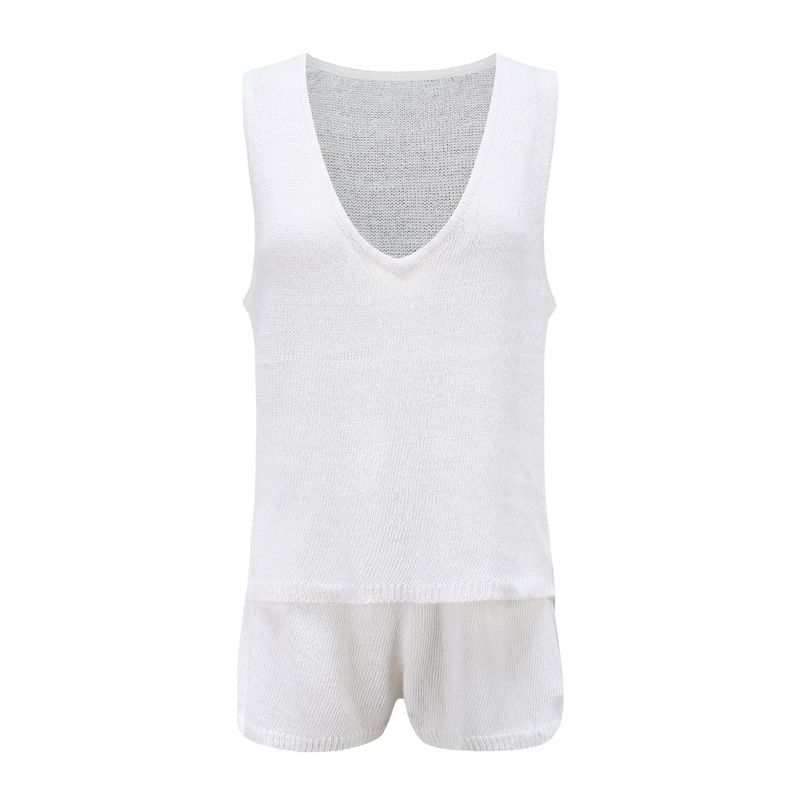 Dameskleding Zomermode Casual Diepe V-hals Vest Trekkoord Gebreid Dames Trui Pak Tweedelig Set_voghion.com
