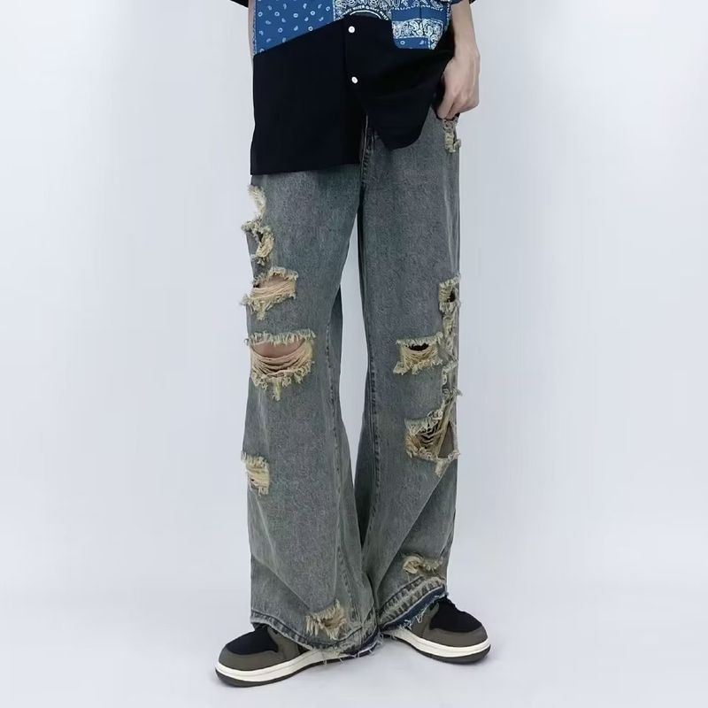 High Street Hole Mid Waist Jeans Men's Retro Beggars Old Loose Slim Bf Straight Wide Leg Mopping Trousers_voghion.com