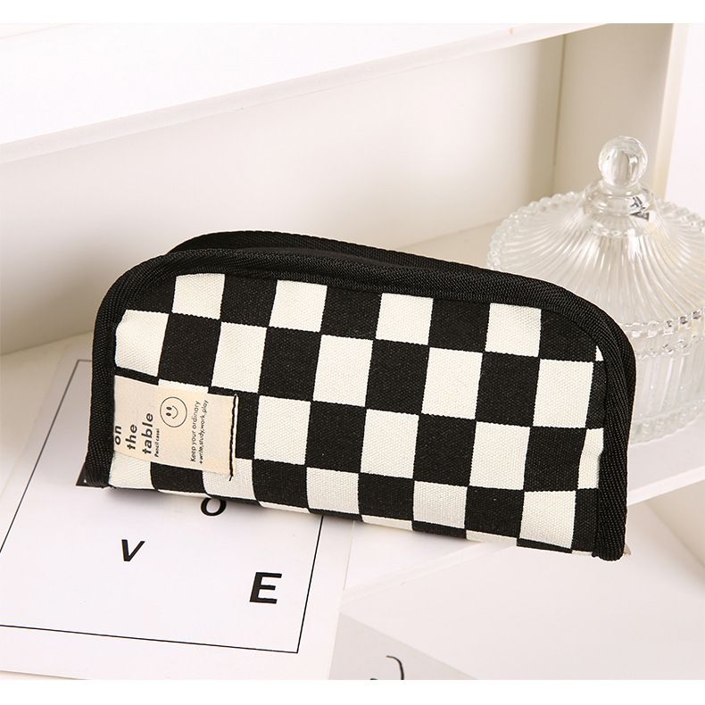 ins style black and white checkerboard pencil bag large capacity stationery bag canvas student simple high value pencil bag wholesale_voghion.com