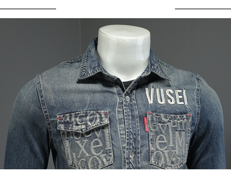 Herrenbekleidung, besticktes Jeanshemd für Herren, Persönlichkeit, gewaschenes Vintage-Jeanshemd für Herren_voghion.com