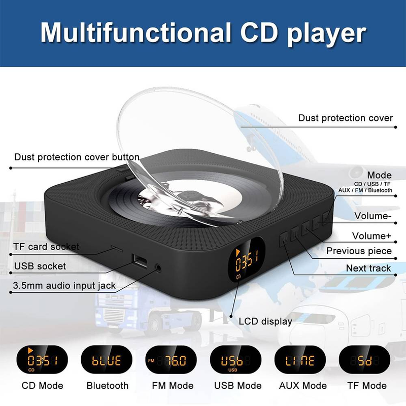 Byteuni Bluetooth Portable Home CD Music Player Rechargable With Remote Control, Timer, Built-in Speakers And LED Display - FM Radio Boombox_voghion.com