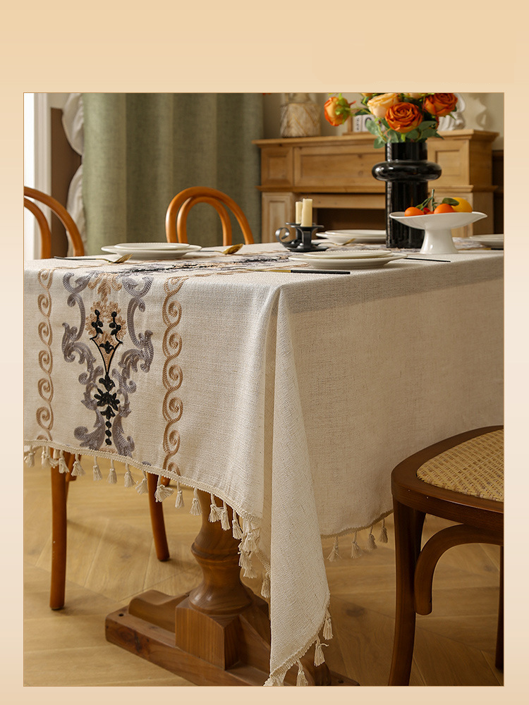 Vintage Baroque Floral Embroidered Tablecloth – Premium Linen Rectangular Table Cover For Dining & Coffee Table – Elegant White & Beige_voghion.com
