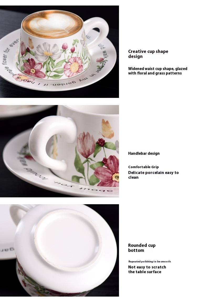 Vintage French Garden Ceramic Coffee Cup & Saucer Set – Elegant Floral Design, Perfect For Café, Home & Gifting (260ml, Gift Box Included)_voghion.com