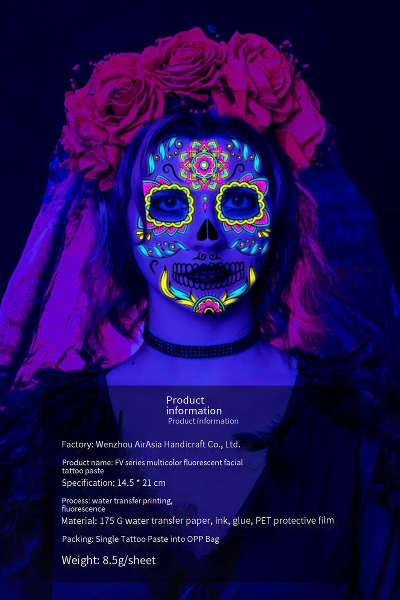 Halloween Temporary Tattoos Stickers - Glow In The Dark Day Of The Dead Face & Body Art For Party, Scary Makeup, Costume Accessories (8-Piece Set)_voghion.com