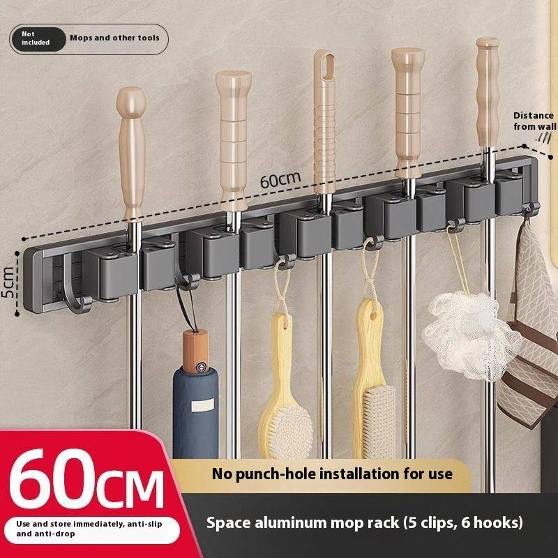 Wandmontierter Besenhalter mit 3 Haken und 2 Clips, platzsparender Mopp-Organizer ohne Bohren, langlebiges Aluminium-ABS für Bad und Küche_voghion.com