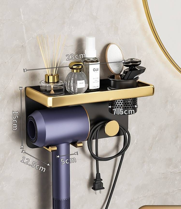 Haartrocknerhalter aus Aluminium ohne Bohren für das Badezimmer mit Becher- und Hakendesign – Wandmontierter Organizer für Dusche, Toilette und Waschtisch_voghion.com