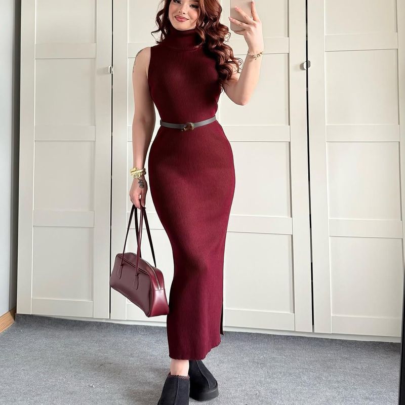 Abbigliamento da donna Elegante abito in maglia aderente con collo alto e cardigan per donna - Completo dolcevita a maniche lunghe per autunno inverno in marrone e beige_voghion.com