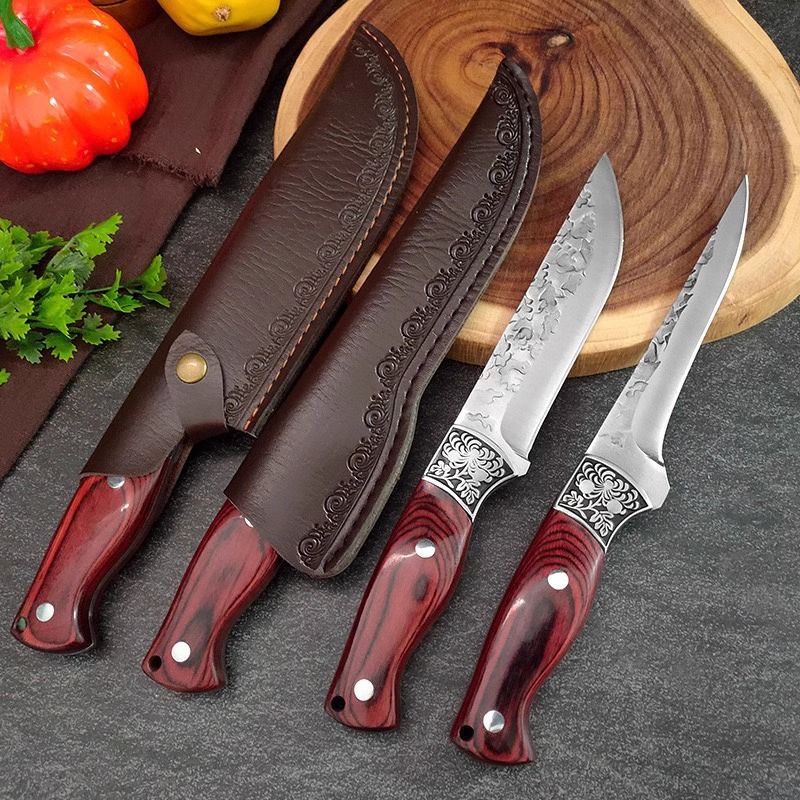 Coltello da disosso professionale forgiato a mano con testa in acciaio intagliato - lama in acciaio inossidabile 4Cr13, impugnatura ergonomica in Pakkawood e fodero in pelle_voghion.com