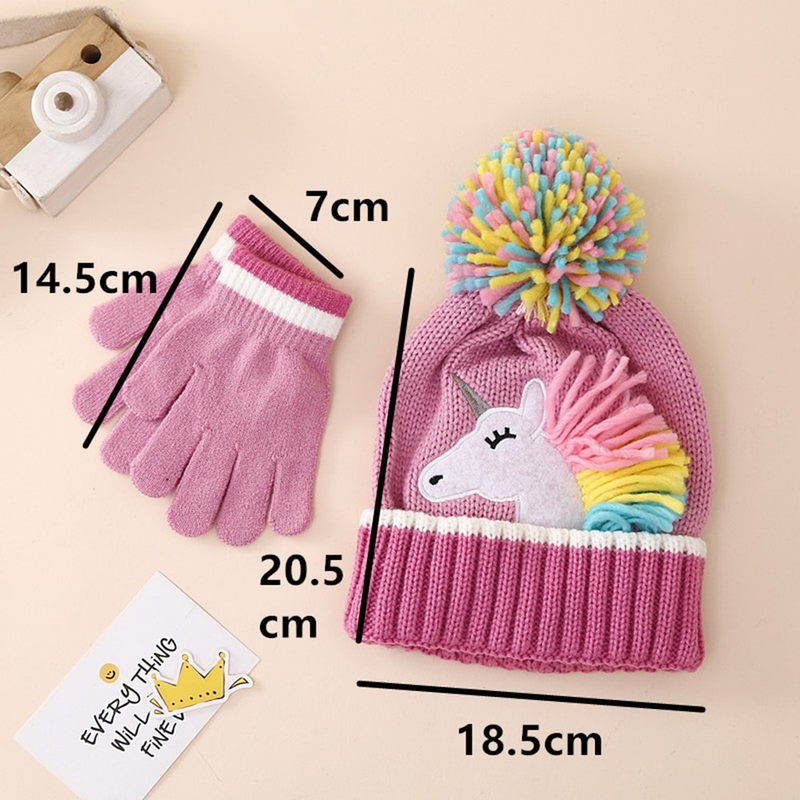 Bonés infantis unicórnio de desenho animado, chapéu de malha, luvas de inverno, gorro quente para meninas, conjunto de luvas para crianças de 2 a 6 anos_voghion.com