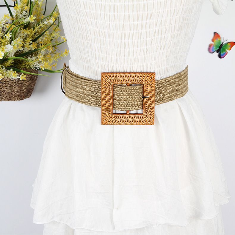 Nieuwe Koreaanse versie Katoenen stijl PP gras geweven riem, ronde vierkante geknoopte jurk, lang shirt, decoratieve riem_voghion.com