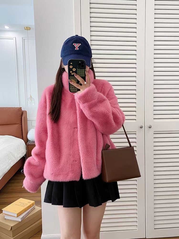 Damenbekleidung Stehkragen Kurzer Nerzsamt Damen Kunstsamt Nerzpelzmantel Kurzer Stehkragen Winter Umweltfreundliche Kunstpelzjacke_voghion.com