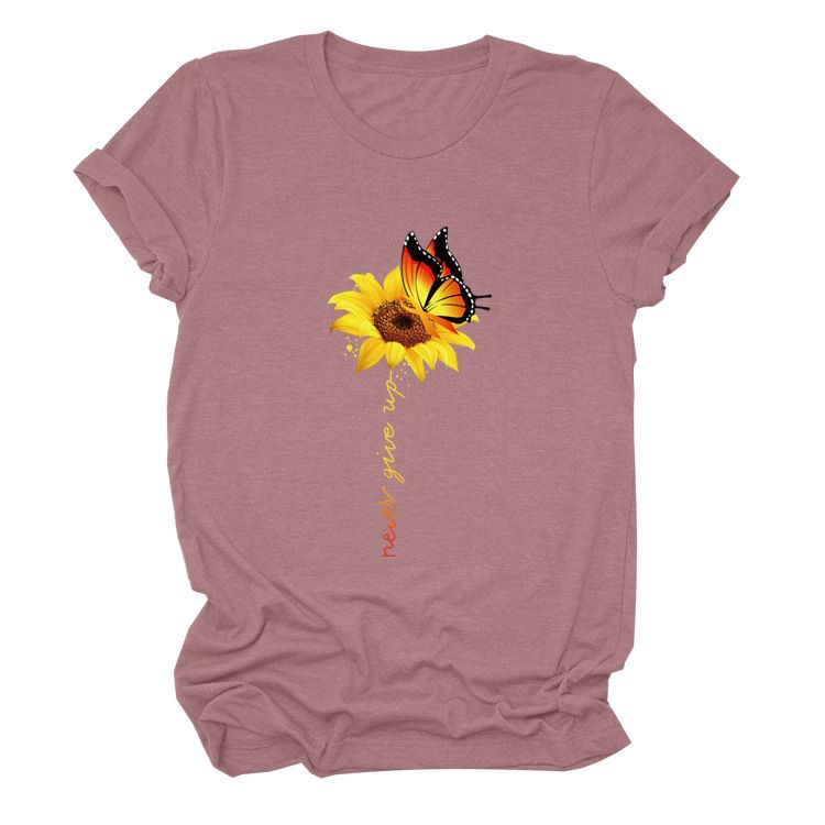 Never Give Up – Kurzarm-Oberteil mit Sonnenblumen-Print, lässiges T-Shirt für Damen_voghion.com