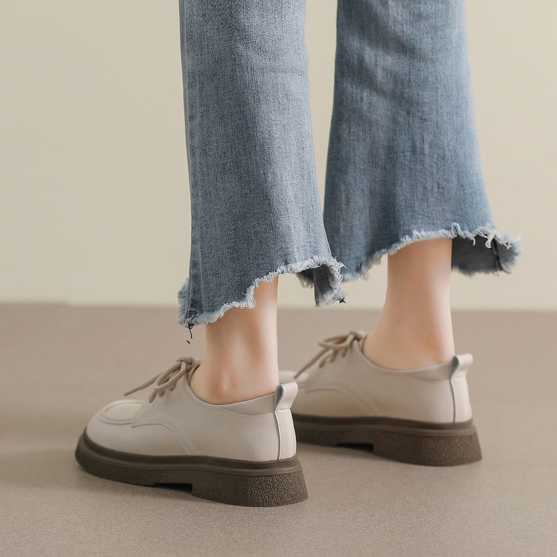 Schwarze, kleine Lederschuhe zum Schnüren, Plateau-Loafer im College-Stil für Damen, Retro-Einzelschuhe mit weicher Sohle_voghion.com