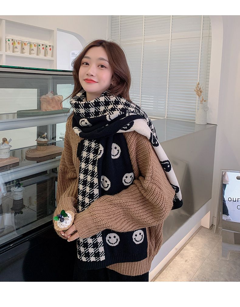 Smiling face sca, cute winter girl, Korean version, versatile Instagram trend, student knitted sweater, warm plaid_voghion.com