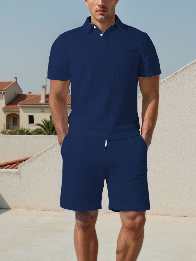 Camisa deportiva informal de manga corta fina de tejido jacquard con solapa para hombre_voghion.com