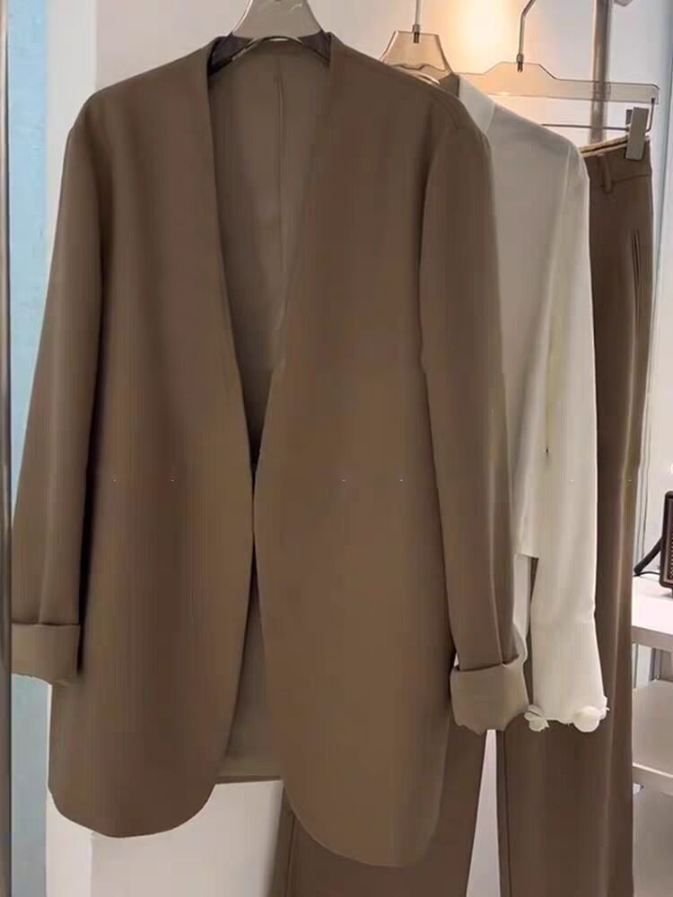 Conjunto de traje de talla grande para mujer, primavera y otoño, holgado, informal, formal, de dos piezas, con pantalones anchos y blazer pequeño._voghion.com