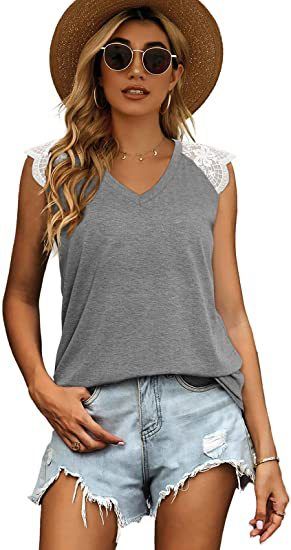 Women's summer ladies stitching flying sleeves eyelash lace top loose vest T-shirt_voghion.com