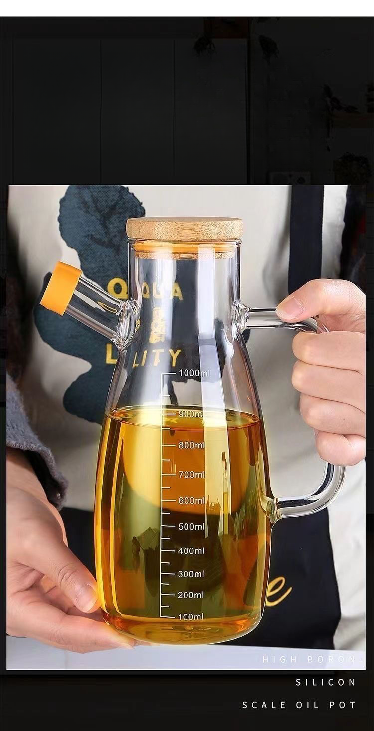 Glaskruka med skala, kontroll hushållskök, sojasåsflaska, vinägerkruka, ingen olja hänger eller läcker_voghion.com