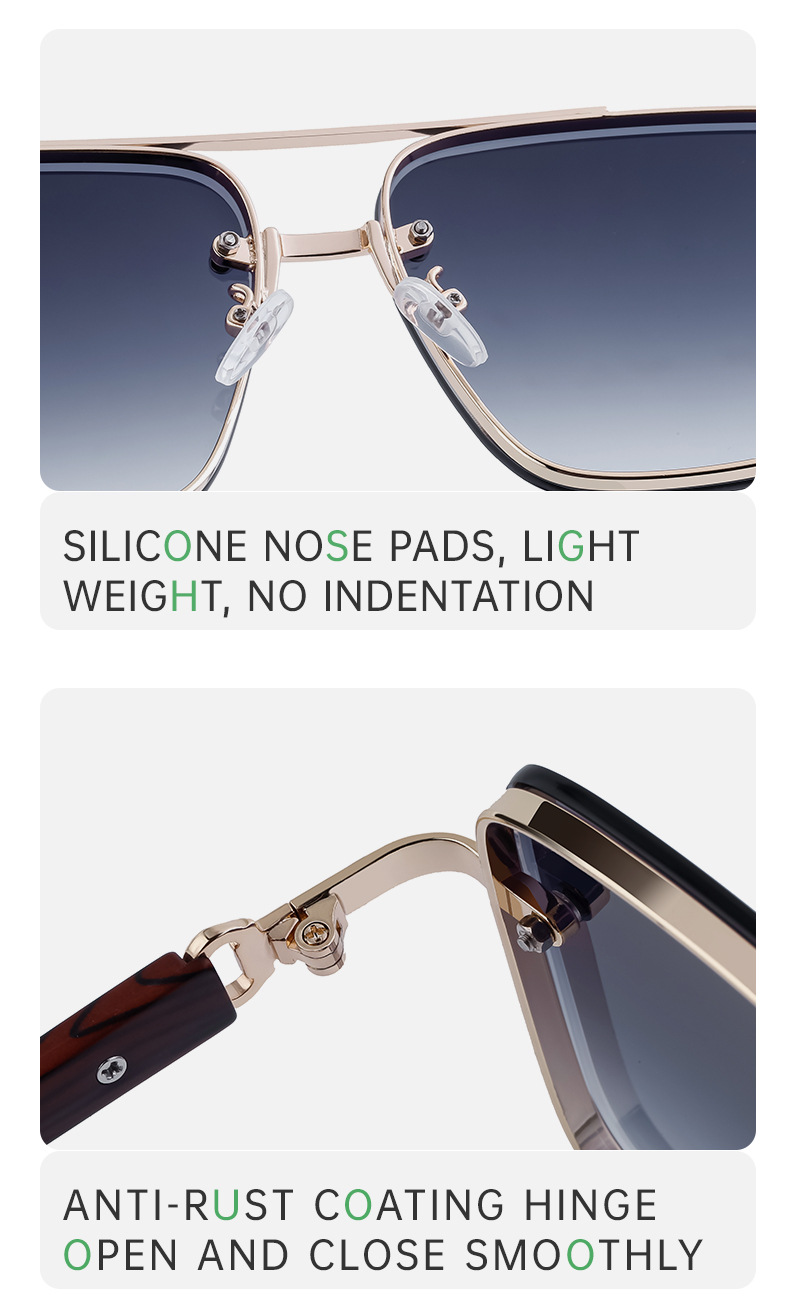 2024 Neue europäische und amerikanische Vintage-Doppelstrahl-Sonnenbrille aus Metall für Herren, Spiegelbeine aus Holzimitat, Anti-Blaulicht-Sonnenbrille für Herren_voghion.com