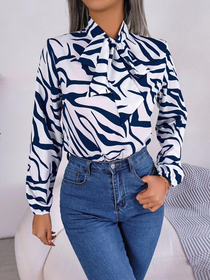Blusa feminina com decote em v manga comprida estampa listrada casual solta camisa de trabalho elegante blusa de negócios_voghion.com