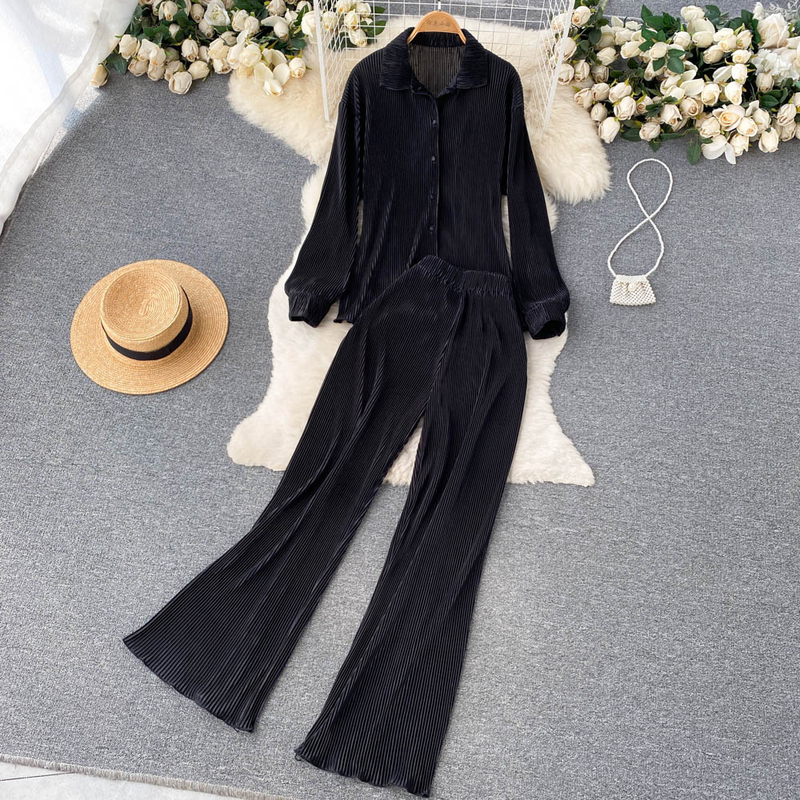 Elegant zweedeelegt Kostüm fir Fraen, Summermoud, modesch laangärmlech Hemdtop, 1-Taille-Drapéierung Casual Hosen_voghion.com