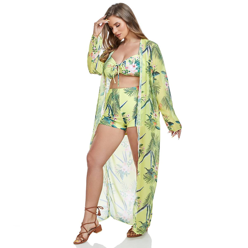 Large size swimsuit cross-border bikini print beach sun protection shirt cover up European and American swimsuit three piece set_voghion.com