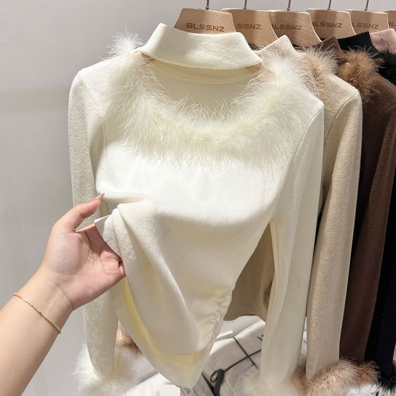 Vêtements pour femmes fille chaude conception courte dentelle fourrure manches longues bas coupe ajustée velours allemand plus velours chaud intérieur bas chemise_voghion.com