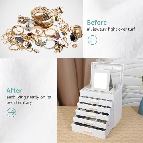 Joyeros de 6 capas, blanco y negro, joyero grande de 6 capas para guardar collares, pulseras, pendientes y anillos, organizador de joyas para regalo._voghion.com