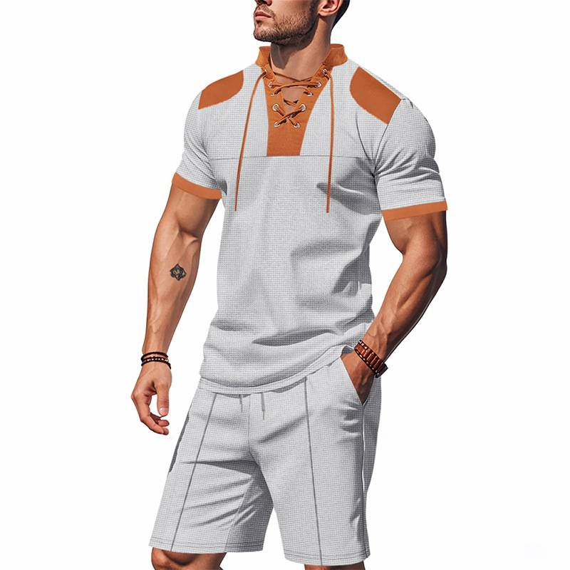 Waffle Herren Sommer Casual Tethered Henry Kurzarm Shorts Anzug_voghion.com