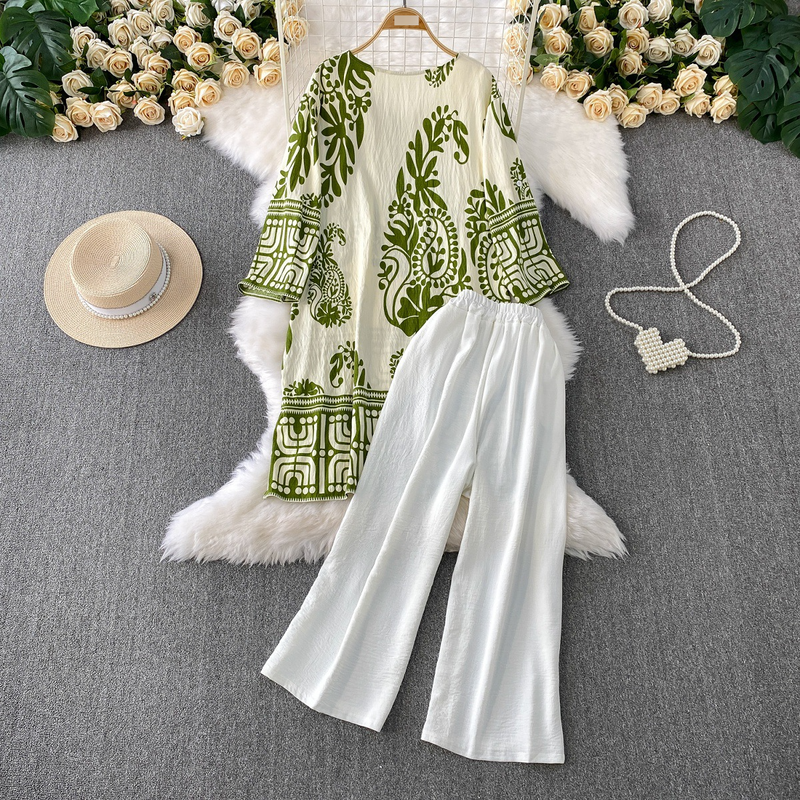 Retro V-hals bedrukte losse top met middellange lengte en hoge taille, rechte, wijde broek - 2-delige set_voghion.com